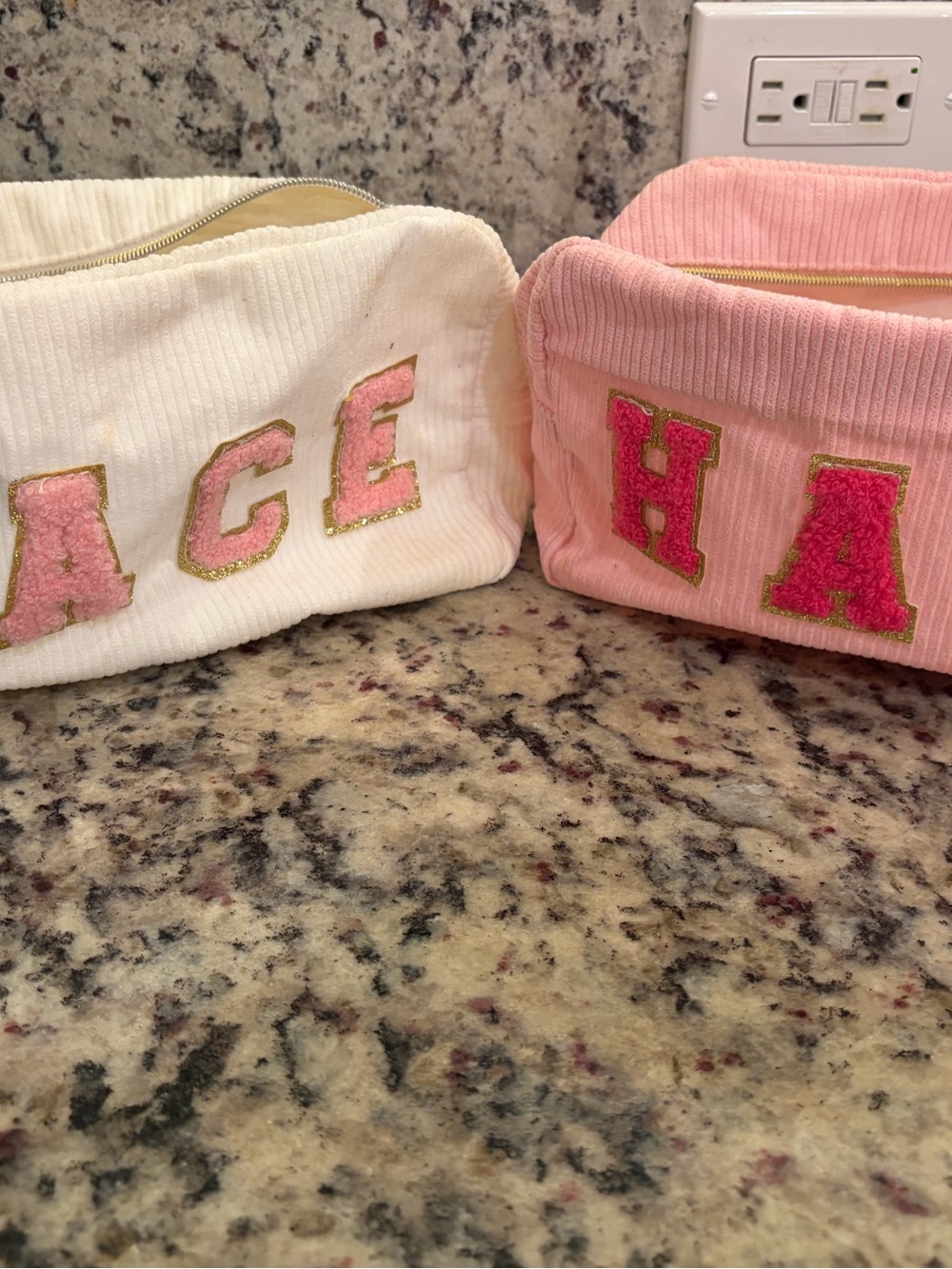 Pink and Cream Corduroy Mini Pouches with Chenille Letters